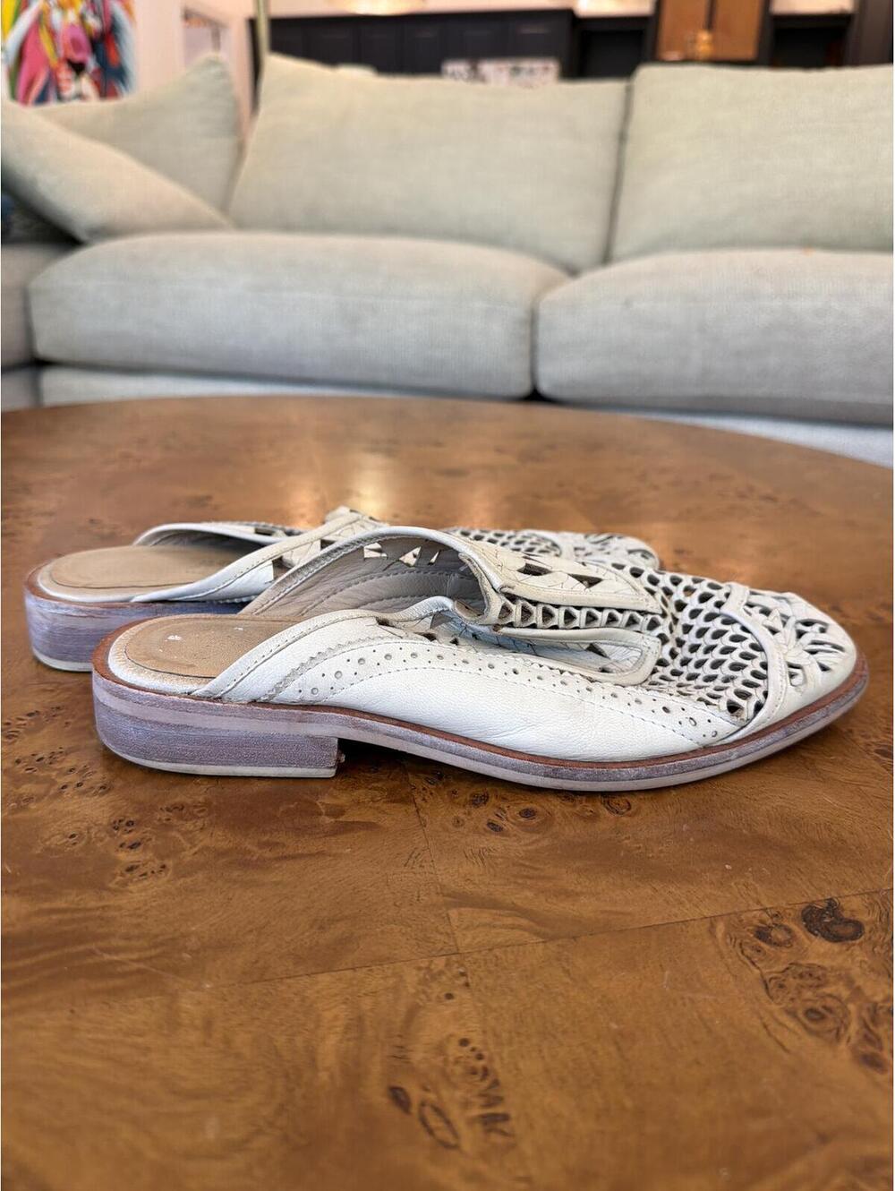 Free People Cream Woven Leather Cutout Mule Sandals